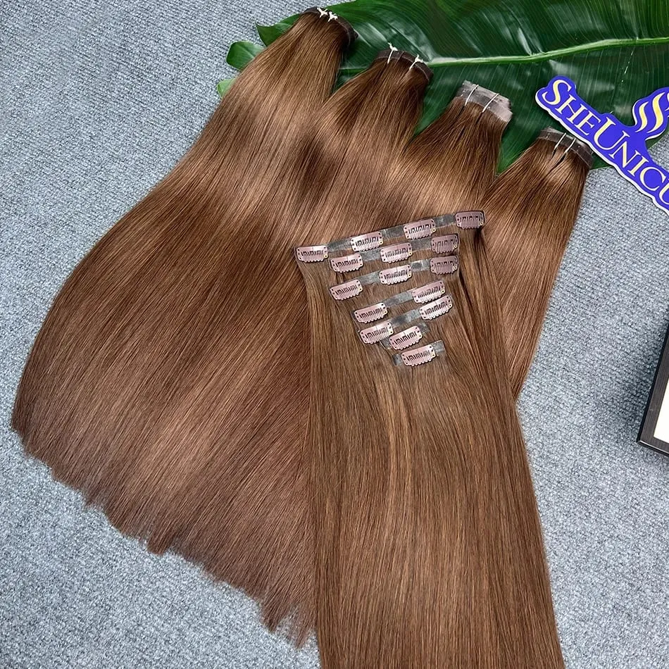 #2 اللون مستقيم بولي Clip Ins وصلات شعر 100% شعر بشري 100 جرام/مجموعة 7 قطعة سلس غير مرئي PU لحمة فيتنام الشعر للنساء — image 3