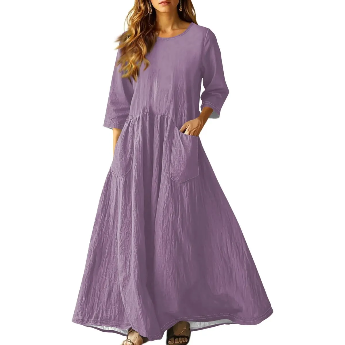 Women's Summer Loose Long Dresses Solid Color Three-quarter Sleeve Double Pocket Dress Loose Round Neck Linen Dress Vestidos — image 5