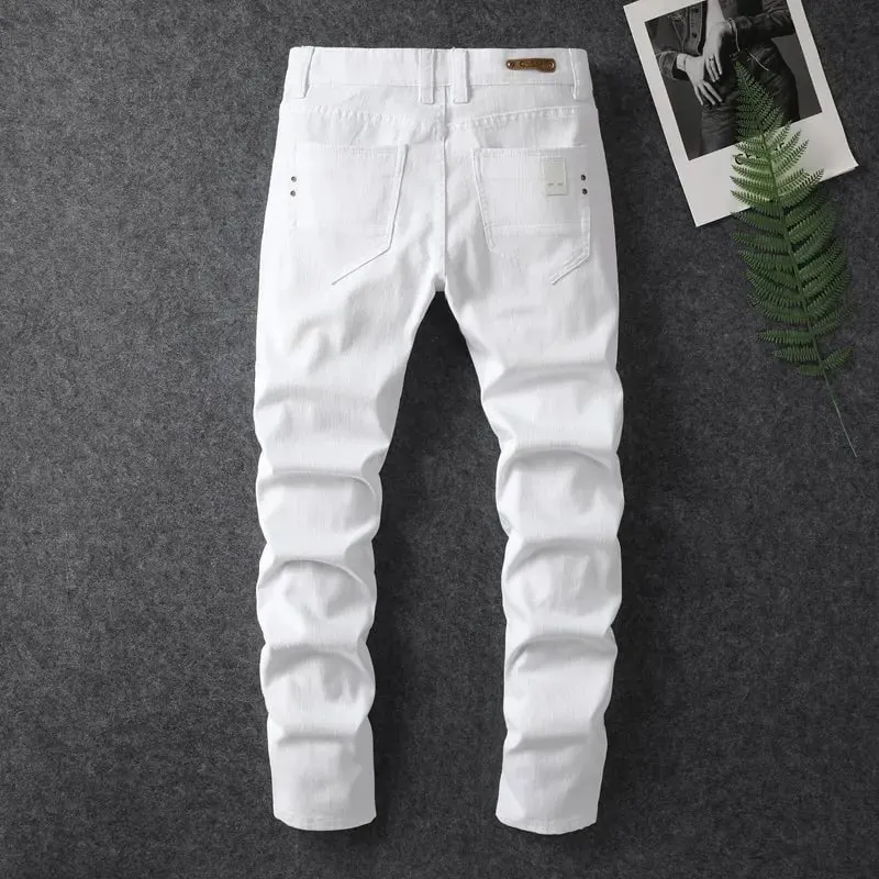 Four season men's fashionable white casual stretch straight leg jeans comfortable and versatile tight fitting sports pants