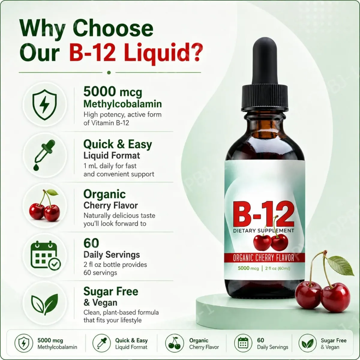 Vitamin B12 Methylcobalamin Liquid Drops 5000 mcg třešňová příchuť 2 fl oz 60 porcí Veganský denní doplněk bez cukru