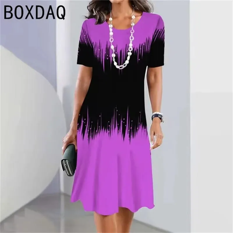 Big Size Women Dress 3D Colorful Gradient Print A-Line Dress Summer O-Neck Short Sleeve Casual Dress Elegant Loose Mini Dresses