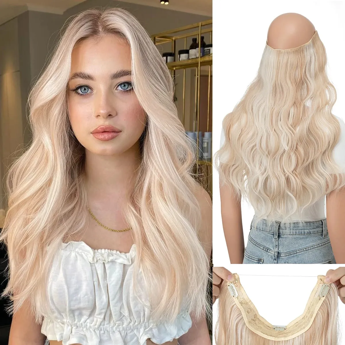 Synthetic Wave Invisible Clip in Hair Extensions Fish Line Ombre One Piece Natural Hairpiece Fake Blonde Hair Piece — image 19