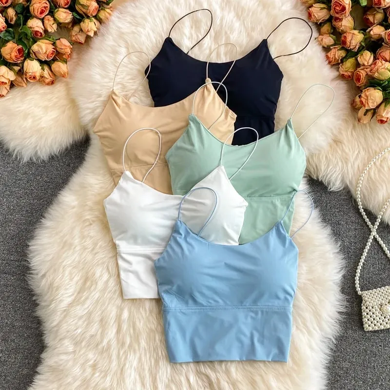 Women Crop Tops Sexy Solid Color Camisole Ice Silk Tube Top Seamless Sports Tank Top Wireless Underwear Padded Bra Bralette Vest — image 2