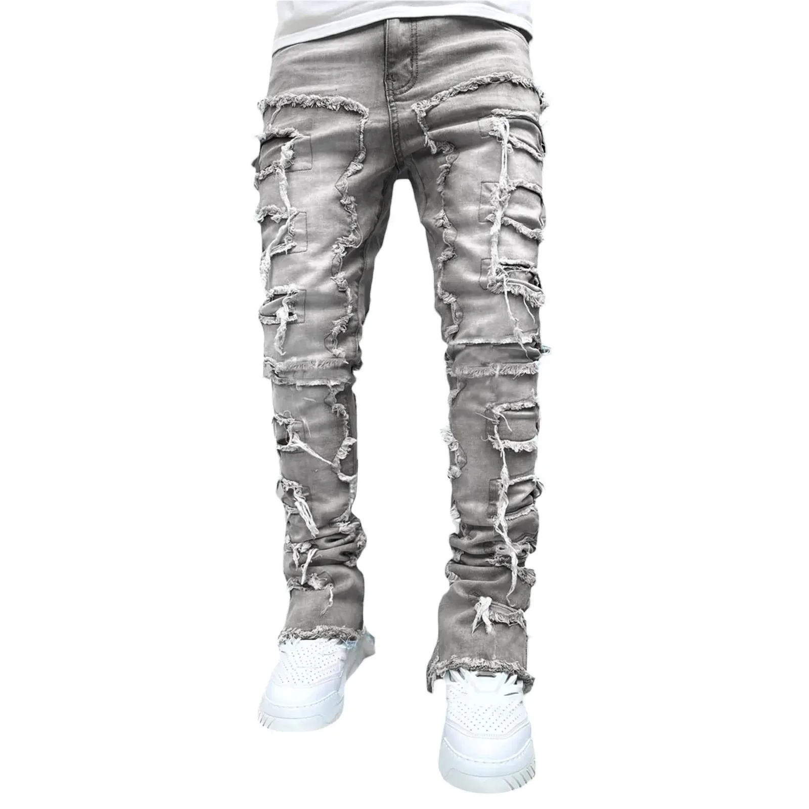 Men's Regular Fit Stacked Jeans Ripped Slim Fit Patch Distressed Destroyed Straight Denim Pants Hip Hop Streetwear Trouser Cloth — image 6