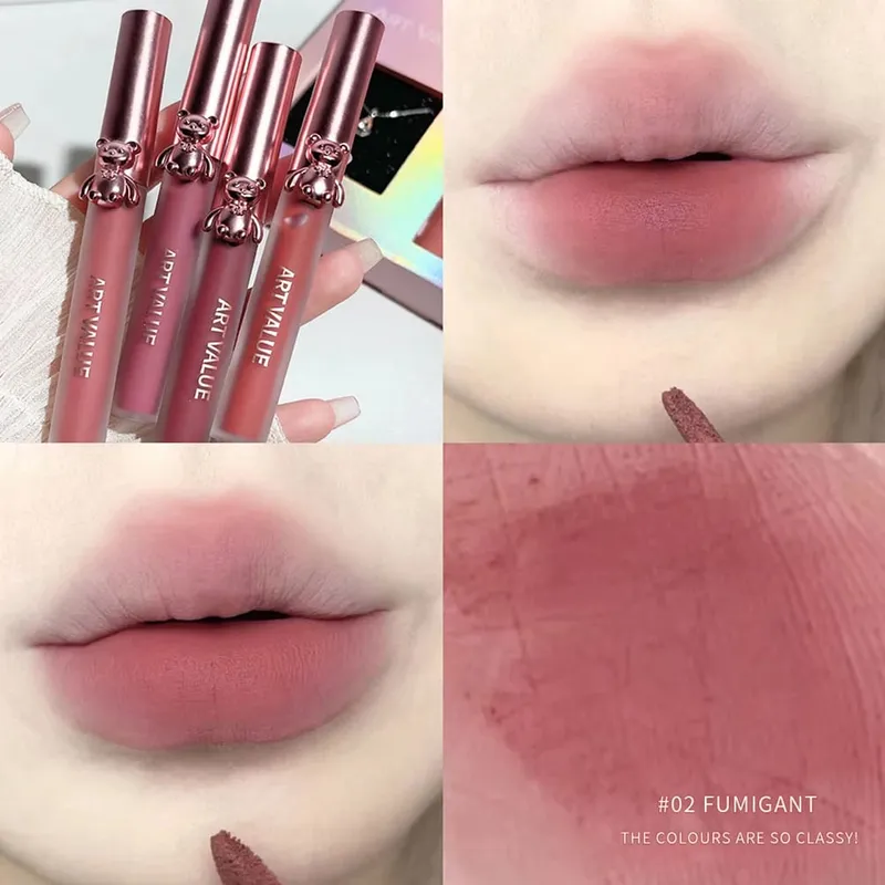 ART VALUE 4Pcs Lipgloss Liquid Lipstick Lasting Moisturizing Makeup Mirror Lip Glaze Set With Necklace Lip Tint Beauty Makeup