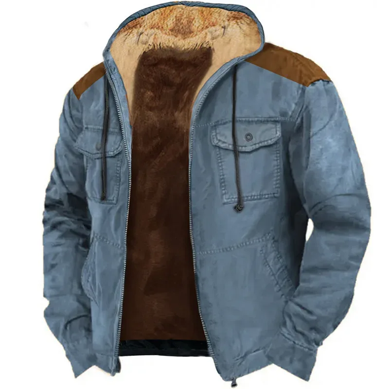 Men's Winter Fleece Hoodies Solid Patchwork Fashion Hooded Windbreaker Jacket Male Loose Work Wear Clothes Sweatshirt Outwear — image 6