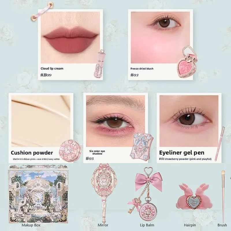Flowerknows Garden Collection Lip Cream Blush Air Cushion CC Cream Liquid Foundation Eye Shadows Palette Makeup Set 10pcs