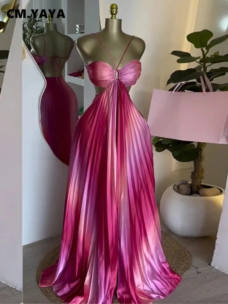 CM.YAYA 2025 Elegant Sleeveless Sweet Strapless Gradient Floor-Length Long Women Dress Beach Party Evening Sexy Pleated Dresses — image 2