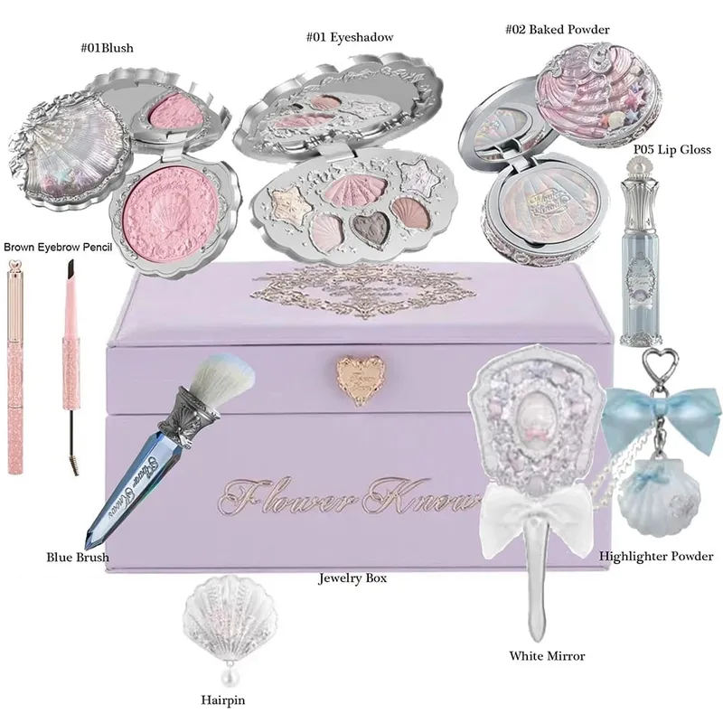 Flowerknows Shell Jewelry Gift Set Makeup Kit Full Professional Lip Gloss Highlighter Blush Baked Powder 10pcs Kits — image 3