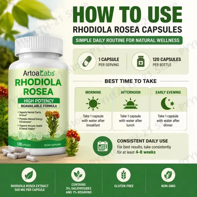 ArtoaLabs Rhodiola Rosea 500mg Capsules High Potency Supports Mental Clarity Focus Natural Energy Endurance 120 Vegan Capsules — image 6