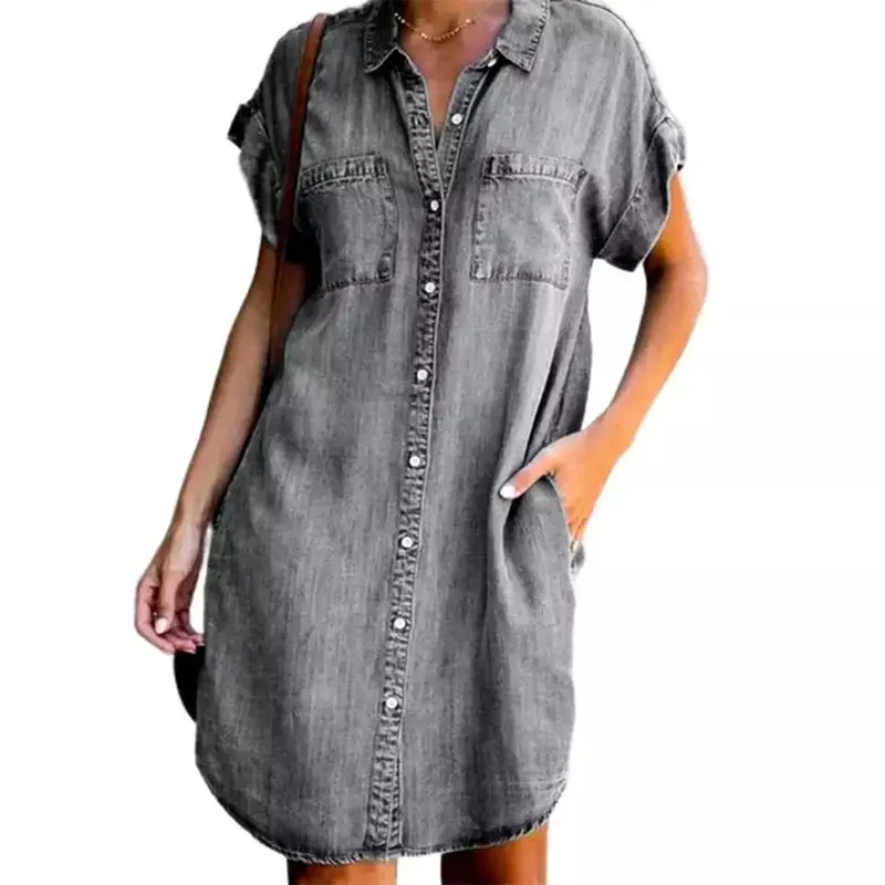 Abito estivo a camicia di jeans monopetto nuovo, tasca allentata casual da donna, semplice gonna corta di jeans da ufficio femminile retrò per pendolari — image 3