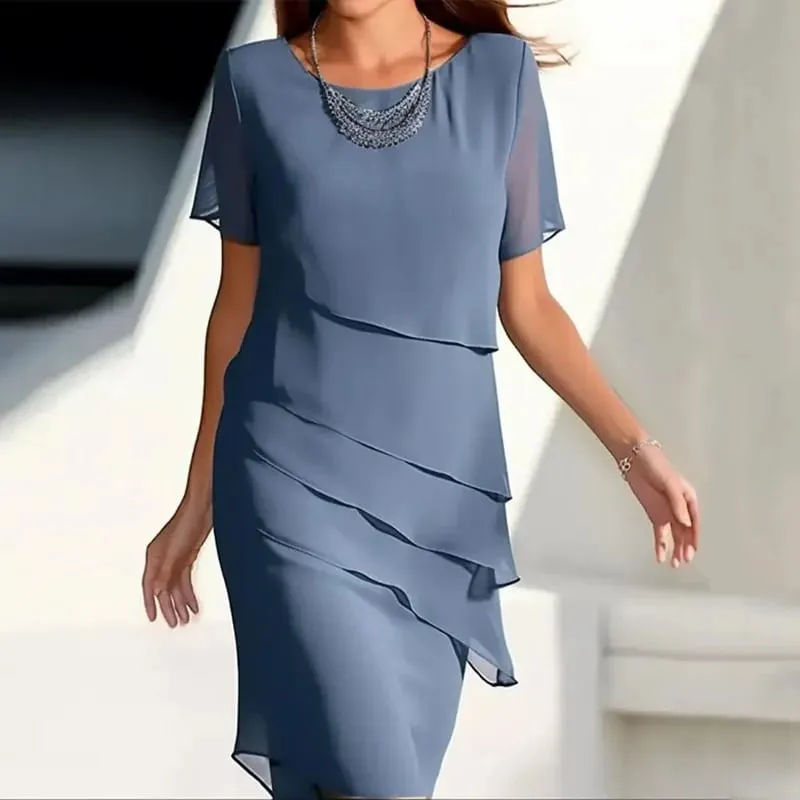New Women's Dress O-neck Short-sleeved Ruffle Elegant Solid Color Simple Fashiona Midi Skirt