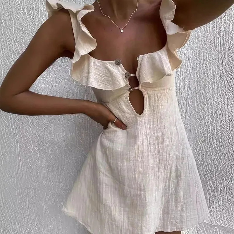 Summer Hollow Out Button Ruffles Short Dress Sexy V Neck Sleeveless Solid Color Dress New Holiday Beach Cotton Linen Mini Dress — image 4
