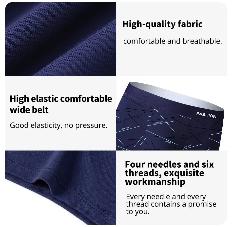 4pcs Men's Underwear, Comfortable, Soft and Fashionable Daily Line Print Intimate Boxer Briefs, Sporty and Breathable Boxers