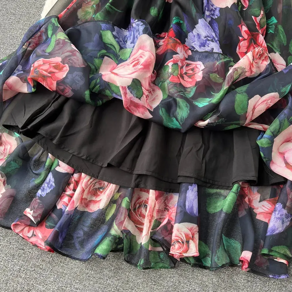 Retro Print Elegant Ruffle Short Sleeve V Neck Dress A-line Casual High Waist Women Summer Dresses — image 5