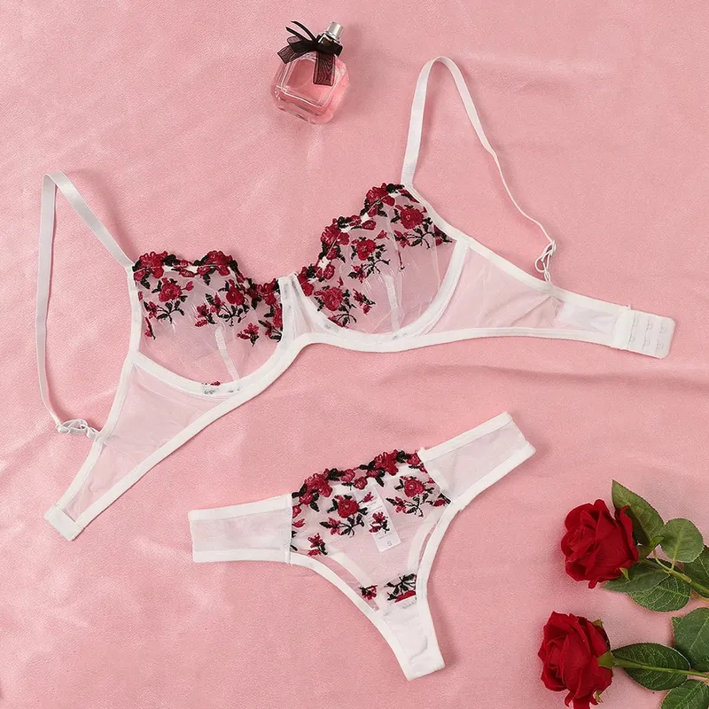 Seksi Dantel İç Sütyen ve Külot Setleri Kadın İç Giyim Çiçek Nakış Bralette Seti