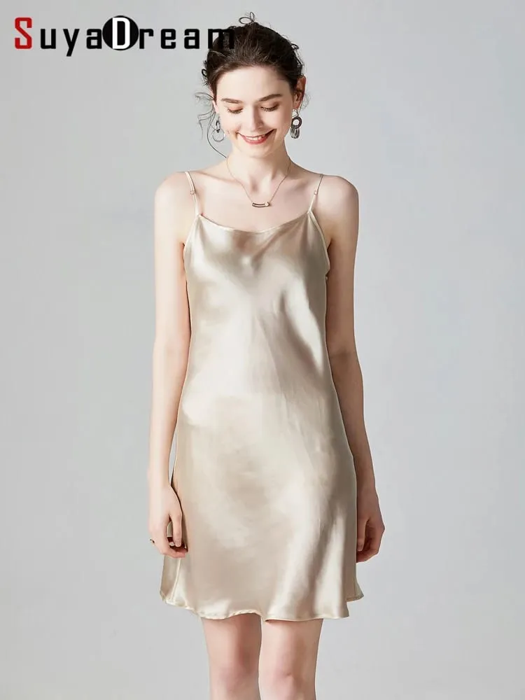 SuyaDream Woman Mini Dress 19mm 100%Real Silk Sleeveless Solid Spaghetti Strap Sleep Dresses 2025 Elegant Chic Clothes — image 1