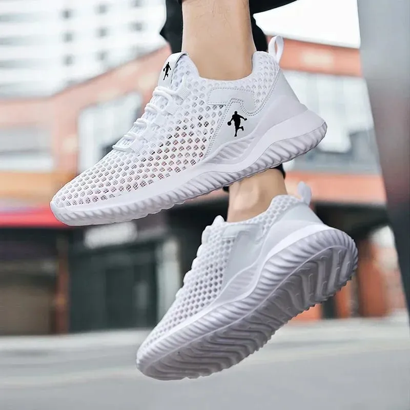 Męskie trampki Jasnobiałe, oddychające buty do biegania dla mężczyzn Siatkowe letnie sznurowane buty do chodzenia na świeżym powietrzu Zapatillas De Deporte — image 5