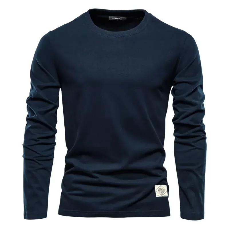 2026New สีทึบผ้าฝ้ายเสื้อคอกลมแขนสั้นผู้ชายลำลองแขนยาวเสื้อสวมหัวหลวมด้านบน — image 3