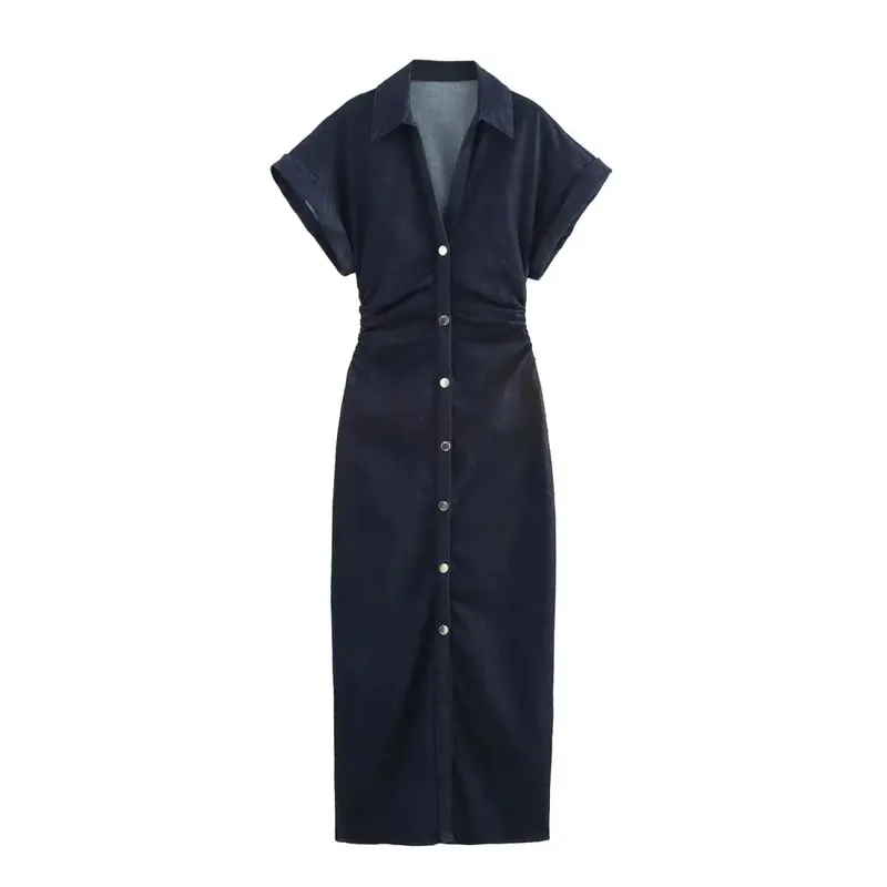 ETJ 2025 Spring New 1975 series denim MIDI dress with lapel side zipper fashion wrinkle waist slim elegant dress — image 8