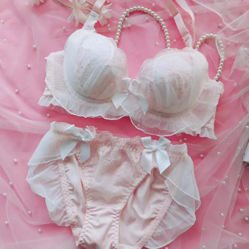 Stickerei dünne Abschnitt gekräuselte Unterwäsche Mädchen süße und schöne Dessous Breifs Sets drei Schnalle geraffte Damen BH-Set — image 3