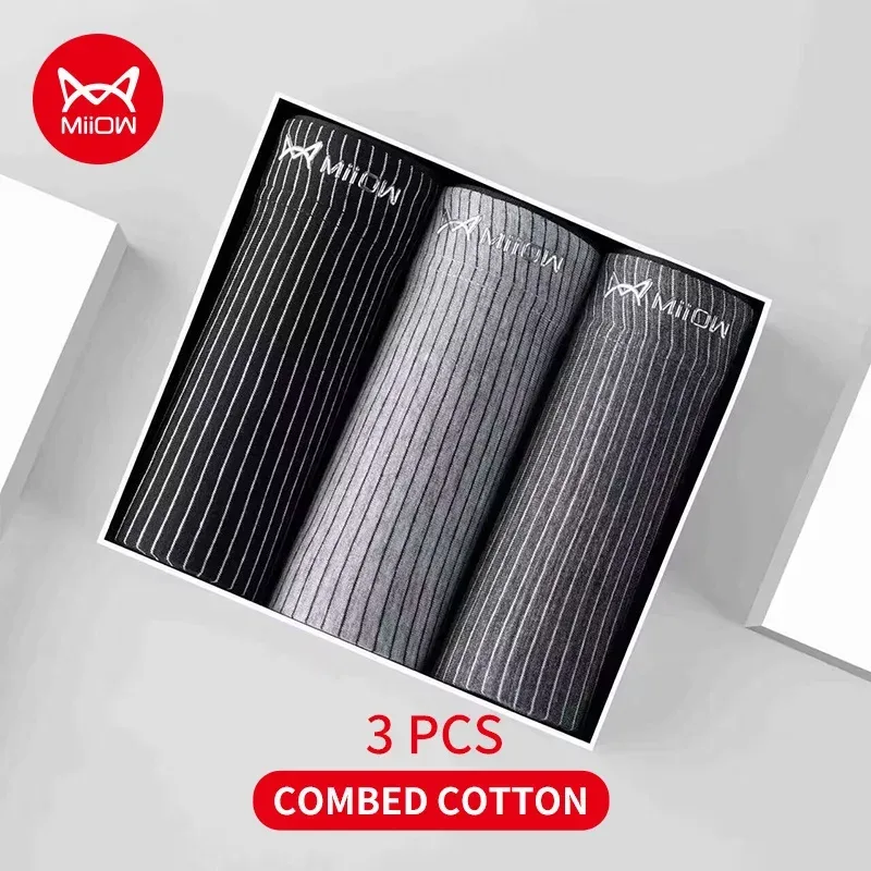 MiiOW 3Pcs Cotton Striped Men Underpants Boxers Shorts Breathable Man Underwear Graphene Antibacterial Men's Panties Boxershorts