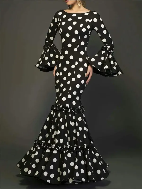 Polk Dot Printed Elegant Mermaid Dress Flare Sleeve Round Neck Party Club Ruffle Wedding Guest Cocktail Formal Dresses 2025