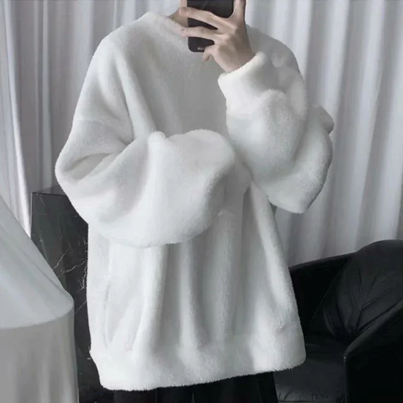 Oversize Sweatshirt Solid Color Lamb Hair O-Neck Long Sleeve Men's Sweatshirt Korean Fashion Loose Hoodies Streetwear Harajuku — image 2