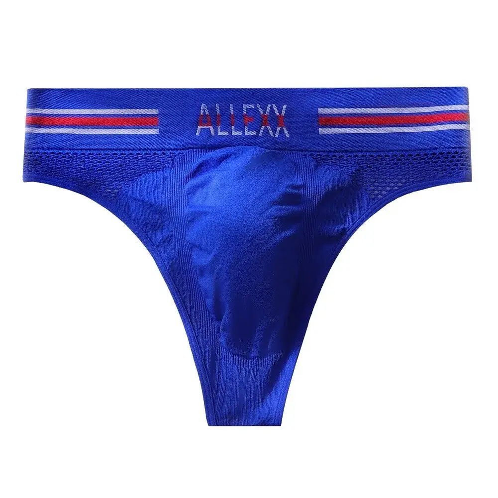 1pc Men's G-String Underwear 3D Bulge Pouch Striped Letter Printing Briefs Elastic Mesh Breathable Comfortable Thongs — image 3