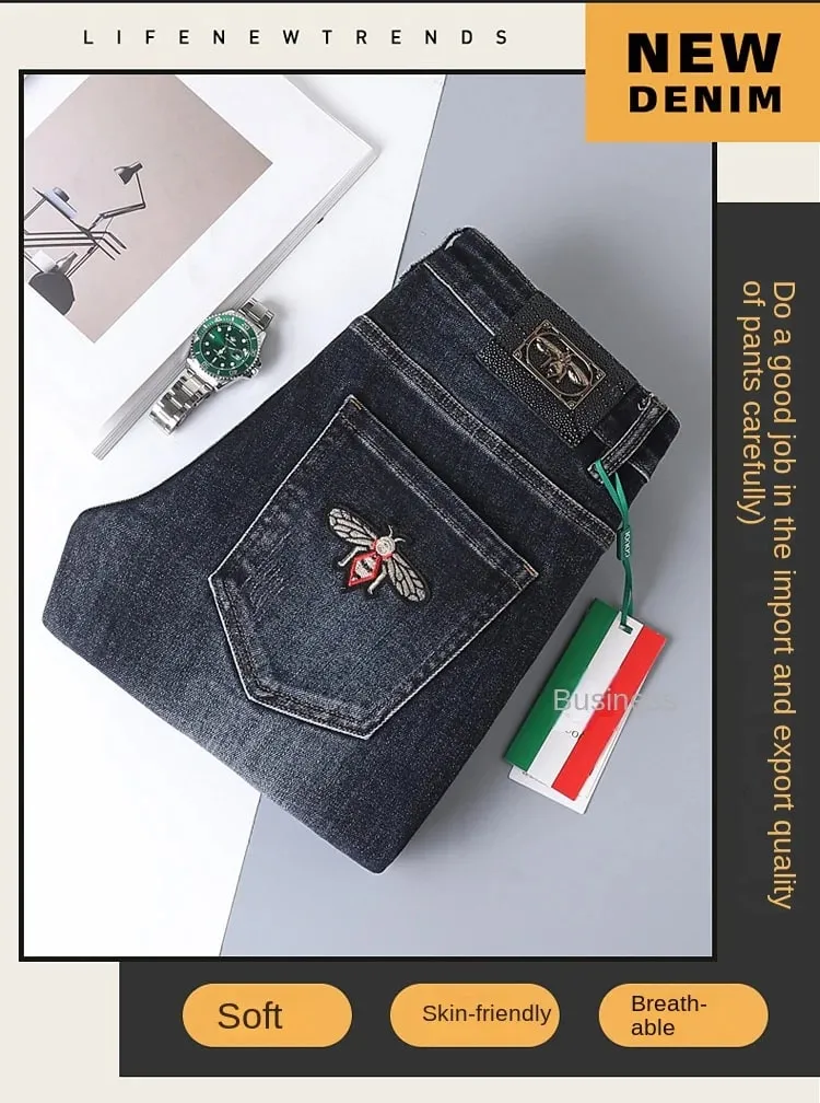 Autumn and Winter Thick Jeans for Men 2024 New Embroidered Fashion Elastic Slim Fit High-End Men's Clothing Denim Trousers