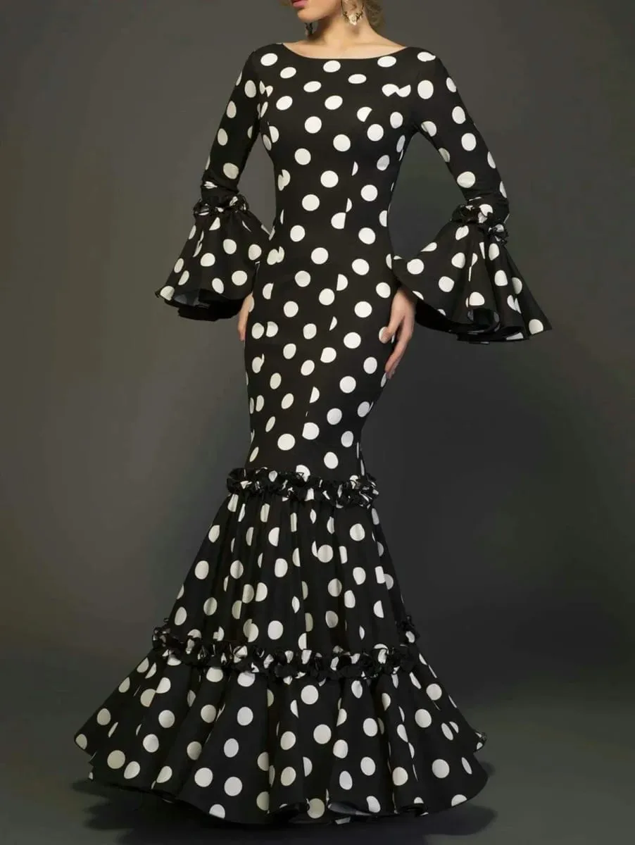 Polk Dot Printed Elegant Mermaid Dress Flare Sleeve Round Neck Party Club Ruffle Wedding Guest Cocktail Formal Dresses 2025