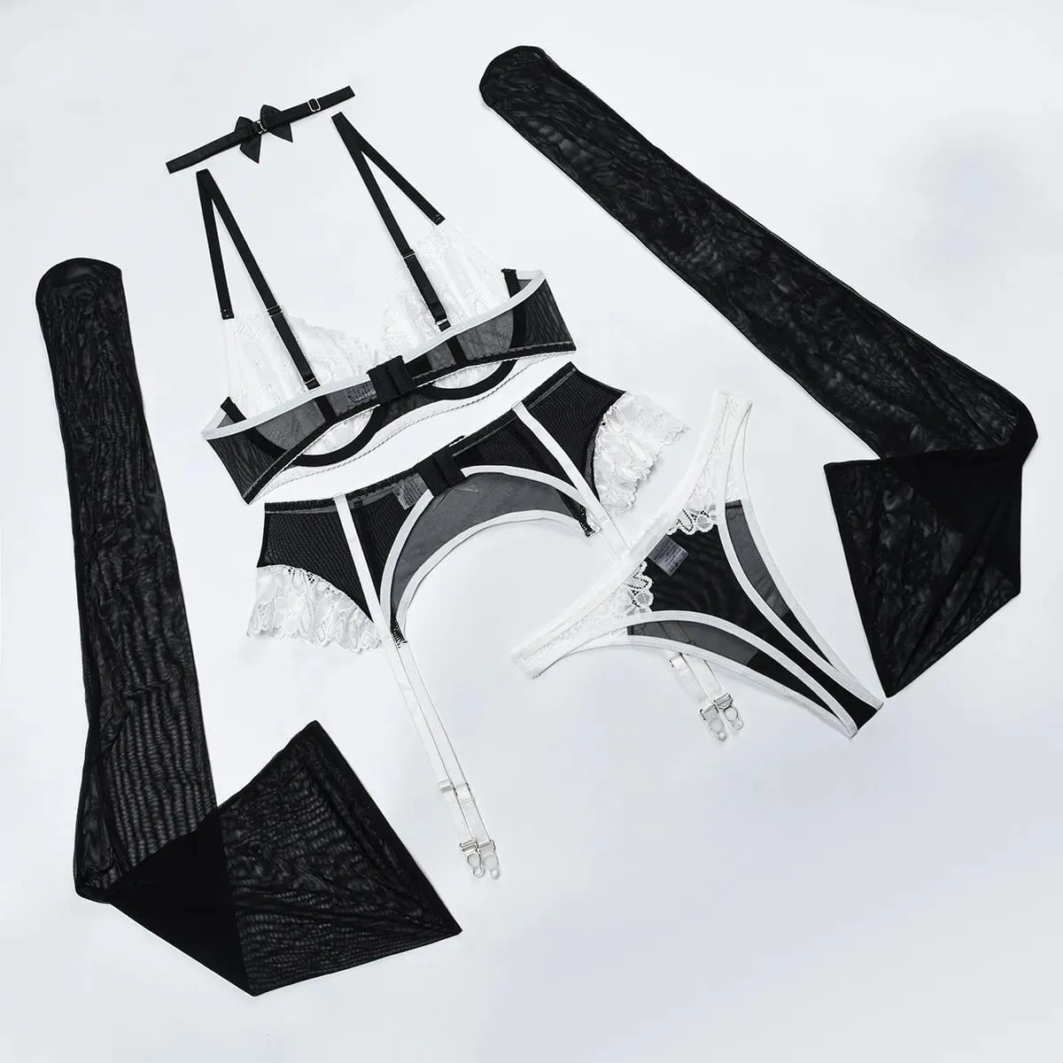 Sexy Lace Embroidered Exotic Lingerie Sets Women Black White Mesh Patchwork Transparent Bra Garter Belt 3 Piece Intimate Sets — image 5