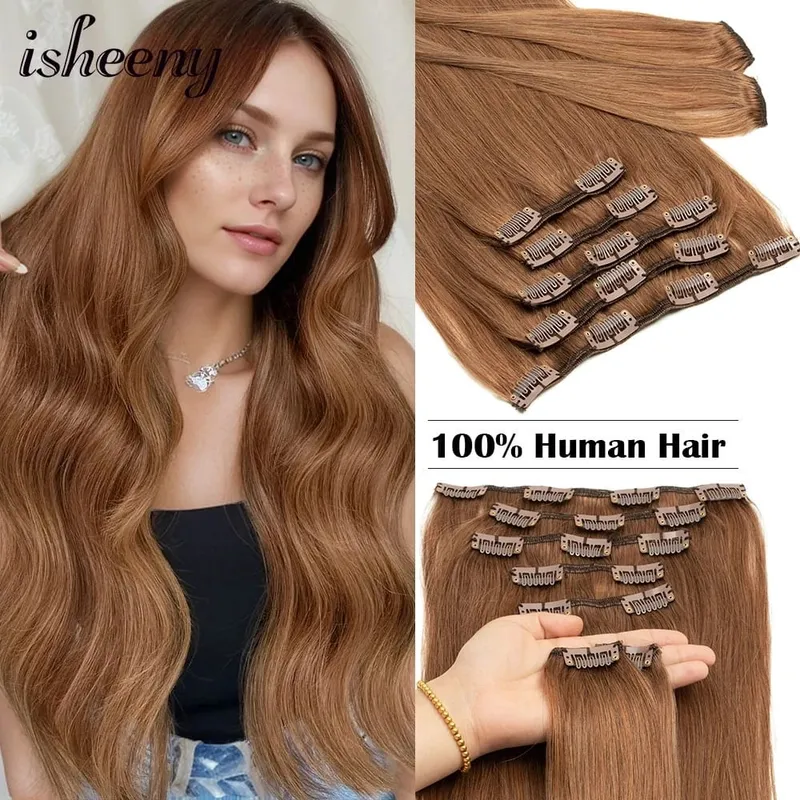 Isheeny 14"-22" Clip In Human Hair Extensions Brazilian Remy Natural Clip Human Hair Extension Real Natural Clip On 50-65G