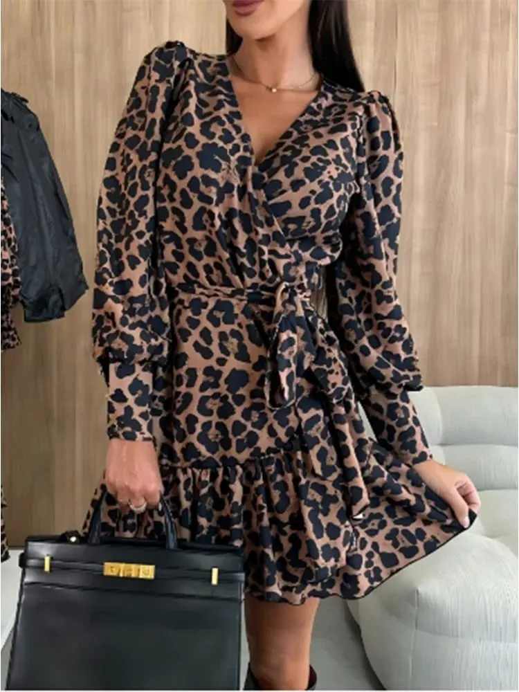Women's Leopard Printed Dresses V-Neck Lace Up Bubble Long Sleeved Sexy Dress Elegant Dating Autumn Mini Dress — image 3