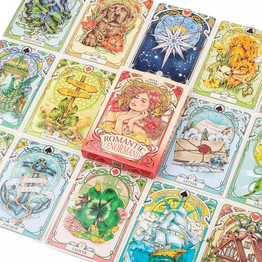 Romantic Lenormand Oracle Cards 37 Pcs Deck 10.2x7.2cm English Vision Art Nouveau Floral Motifs for Party Board Playing Games