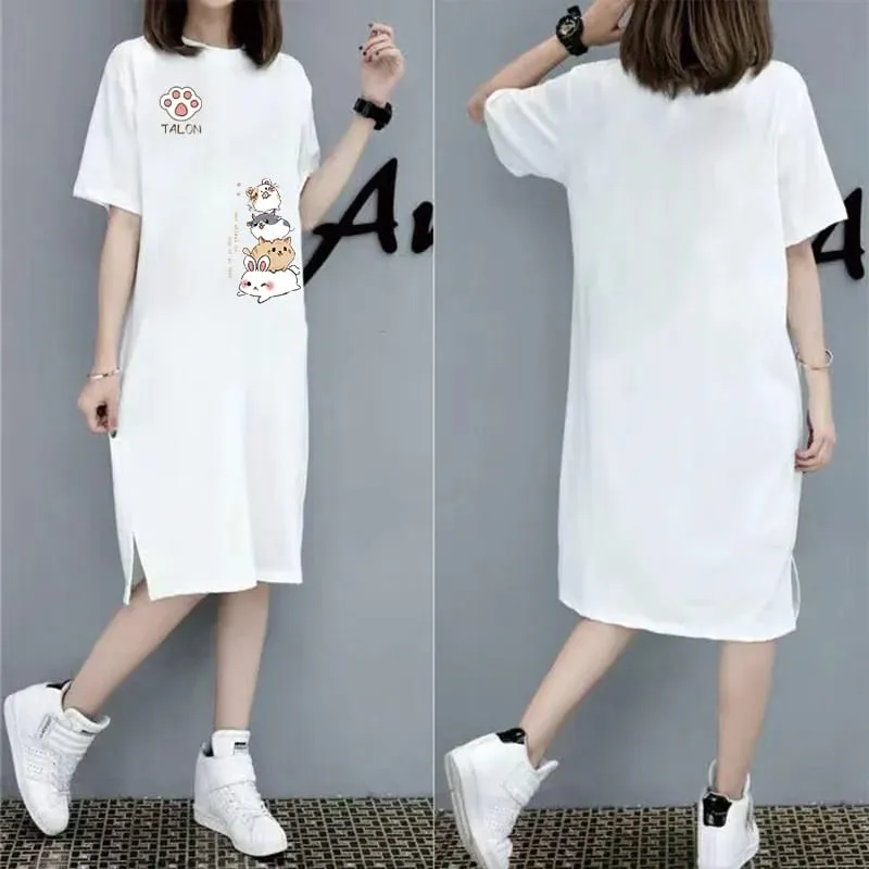 Summer Japanese Cute Cartoon Rabbit Stacked Print Female Large Size Loose Short-sleeved Dress — image 4
