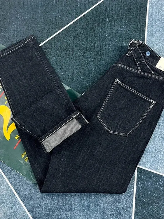 100% Cotton Back Paris buckle Spring Black Straight Jeans for Men American Retro Style Casual Japanese Slim Tapered Long Pants — image 4