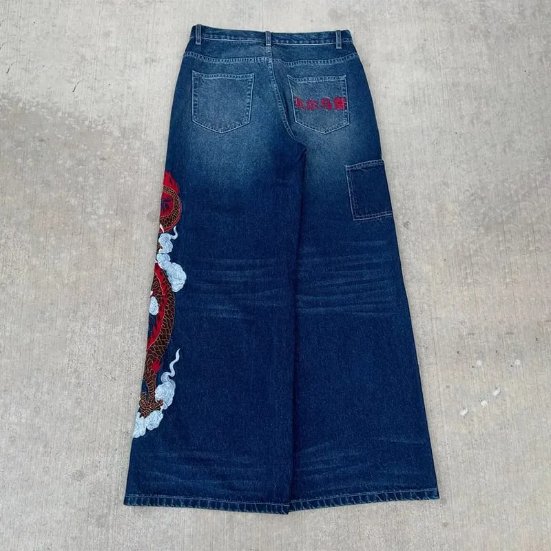 Dragon Graffiti Embroidery Dark Blue Loose Wide Leg Distressed Jeans Y2K High Waist Men Women Vintage Casual Daily Streetwear