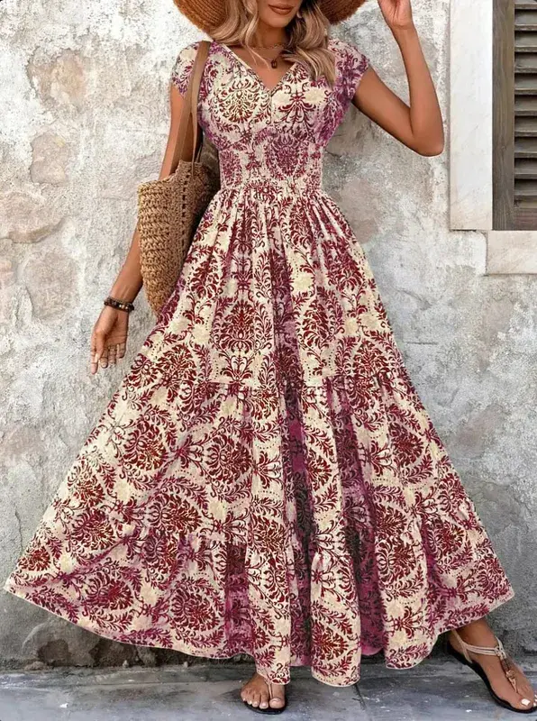2026 Vintage trykt kjole Moderigtigt og elegant V-hals Kortærmet Jumpsuit Lang nederdel Dametøj — image 5