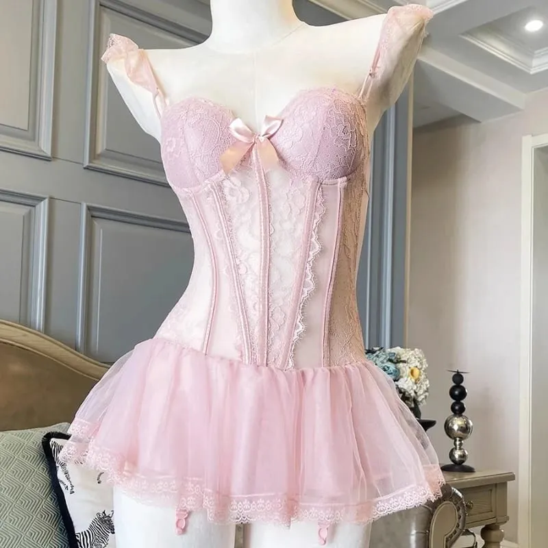 ผู้หญิง Camisole SHEER ตาข่าย Fishbone Slim Crop TOP สาย Bra Camis เทศกาลชุดชั้นในเซ็กซี่ลูกไม้ดอกไม้เย็บปักถักร้อย Bow Corset — image 3