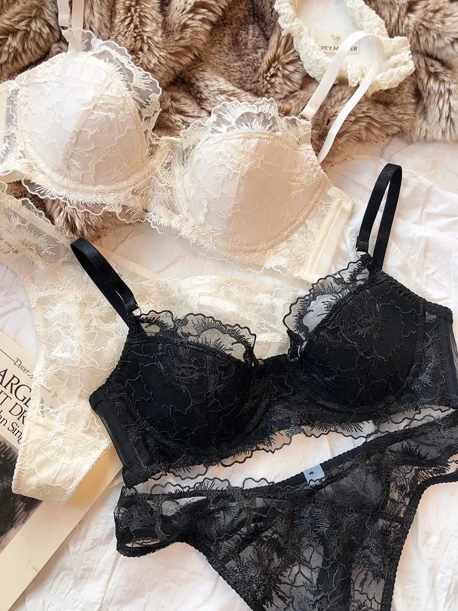 Sexy Lace Flowers Embroidery Bra Set Thin 3/4 Cup Push Up Lingerie For Women Summer Breathable Comfort Brassiere Underwear Sets — image 4