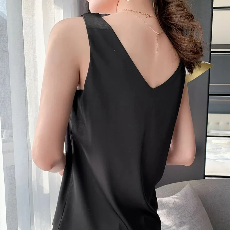 Ladies Silk Suspenders Solid Satin Vest Spring Autumn 2022 New Wild Pullover Tops Women Interior Front/Rear V-Neck Summer Thin — image 7