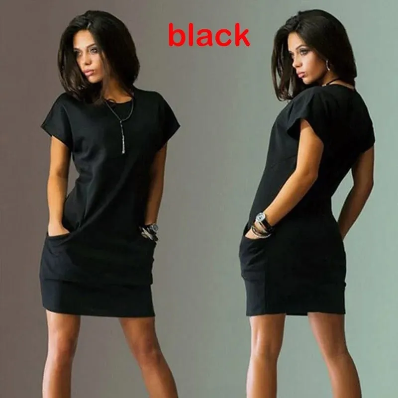 Summer Fashion Women Dress Solid Color Mini O Neck Office Pockets Dresses Casual Short Sleeve Chic Party A-Line Basic Clothing