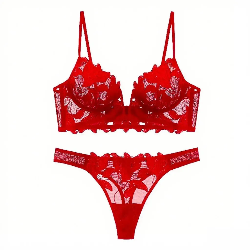 Feminino vermelho floral renda lingerie conjunto puro underwire copo fino sutiã combinando tanga calcinha sexy oco íntimos