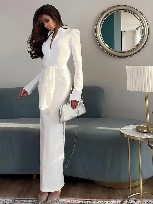 Weird Puss Sexy Maxi Dress Women Shoulder Padded Zip Wrapped Bandage Long Sleeve Slit Elegant Solid Office Simple Skinny Bodycon
