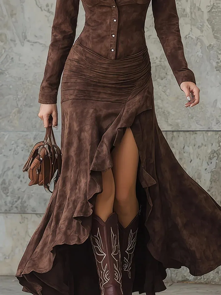 Abito elegante retrò in tinta unita per donna Primavera Autunno Moda Nuovo abito lungo con bottoni a bavero manica lunga asimmetrica con orlo grande
