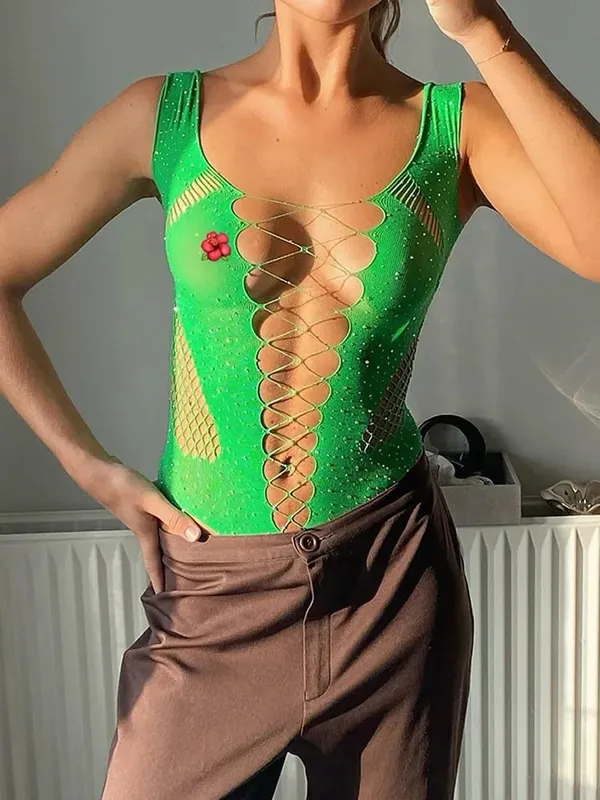 See Through Sparkly Mesh Bodysuit Women Long Sleeve Rhinestone Body Tops Hot Drill Female Party Nightclub Sexy Lingerie — image 22