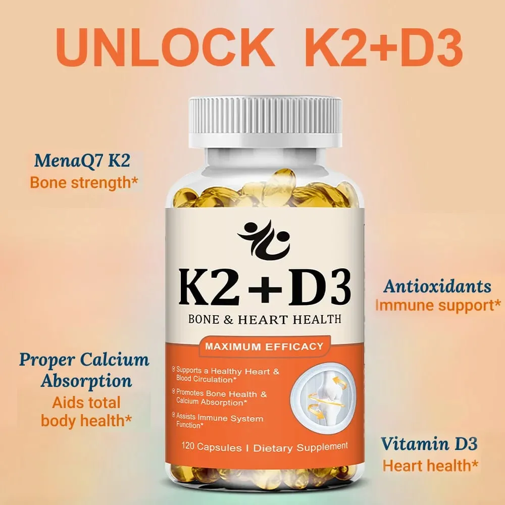 Vitamin D3 + K2-kapsler understøtter calciumabsorption Knogler og led Wellness Hjerte-kar-funktion og immunsystemets sundhed — image 2