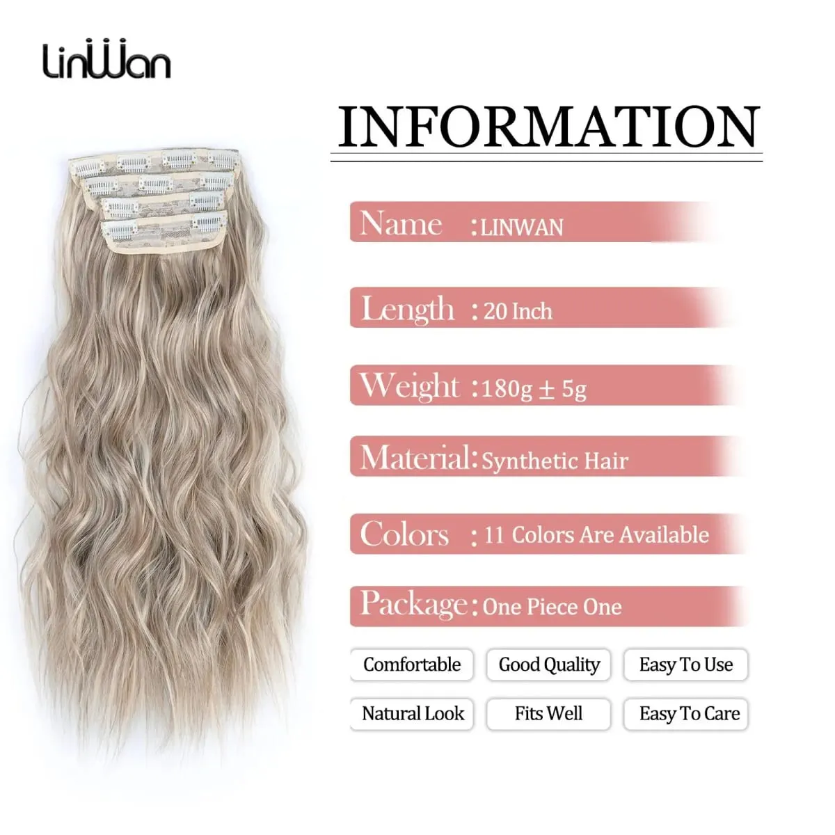 linwan Clip In Hair Extensions 4 PCS Full Head 20 Inch Long Curly Wavy Synthetic Hair Pieces Natural Wavy For Women Girls Hair — image 3