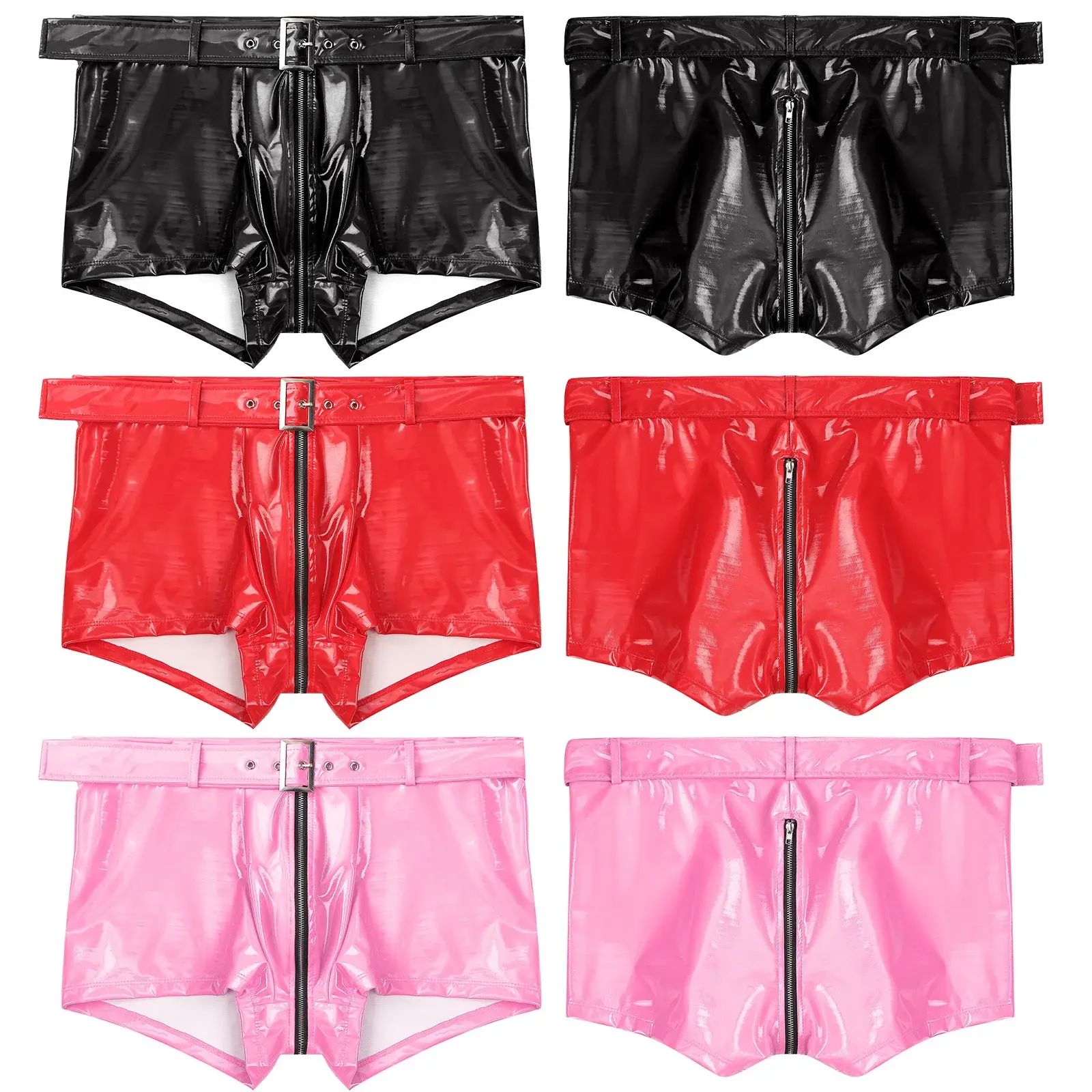 Men's Boxer Shorts Wet Look Latex PVC Leather Zipper Shorts Bottoms Bulge Pouch Boxer Brief Clubwear Party Hot Pants Nightwear